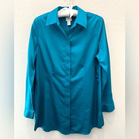 CHICO’S | Bright Teal No-Iron Button Front Long Sleeve Shirt | Size 0 Small - Picture 1 of 7